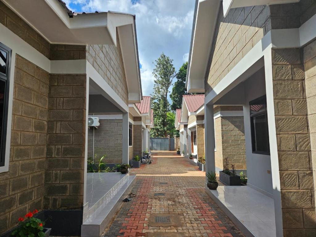 Paved courtyard walkway between the lodge cottages at Jasy Retreat